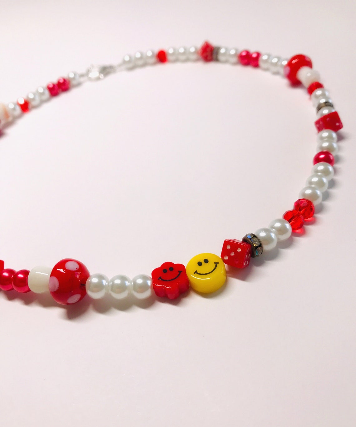 Red Smiley Face Pearl Necklace Red Pearl Necklace Red Bead Etsy