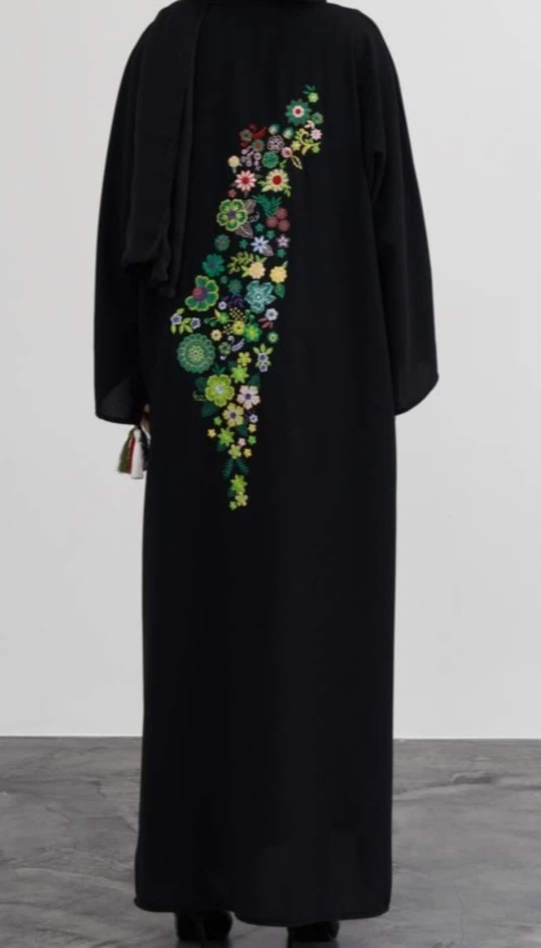 Palestine Red Embroidered Black Palestine Short Coat Abaya C100053