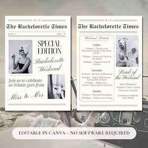 Può includere: Un invito in stile giornale in bianco e nero per un weekend di addio al nubilato. Il titolo recita "The Bachelorette Times" con i dettagli del fine settimana, tra cui un pigiama party e un brunch. L'invito include il testo "Join us to celebrate as Winnie goes from Miss to Mrs."