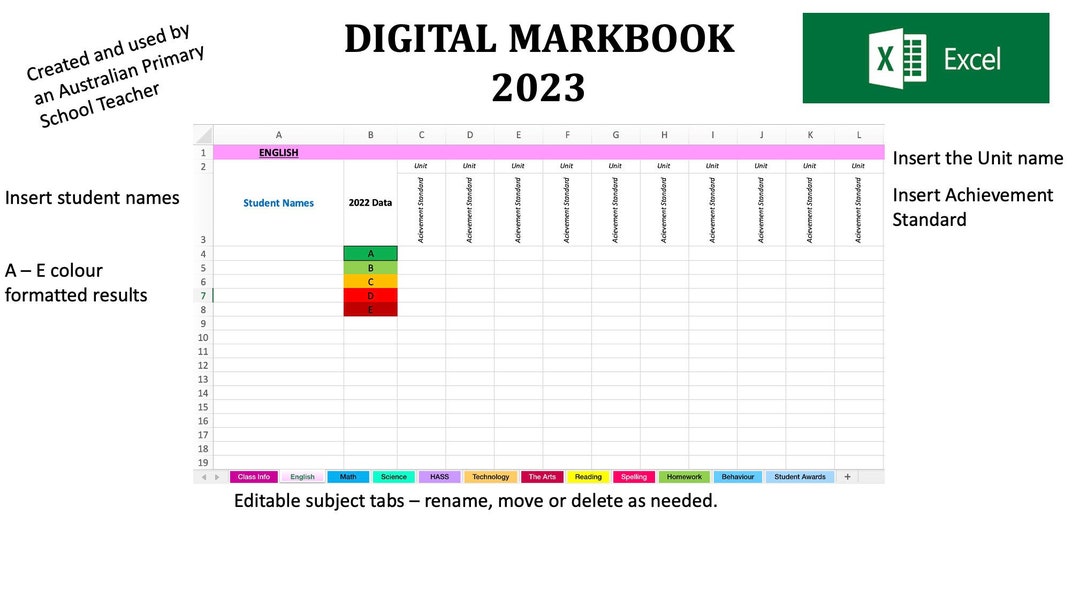 Digital Markbook 2023 Excel Teachers (Instant Download) Etsy