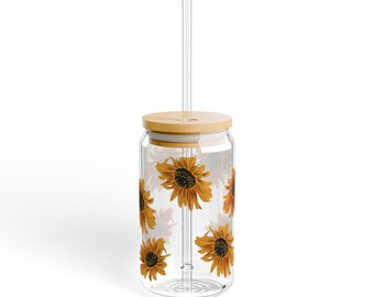 sunflower glass mug with straw!