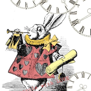 Furniture/wall decal transfers available in waterslide decal,vinyl sticker, rub off transfer vintage style ALICE IN wonderland white rabbit