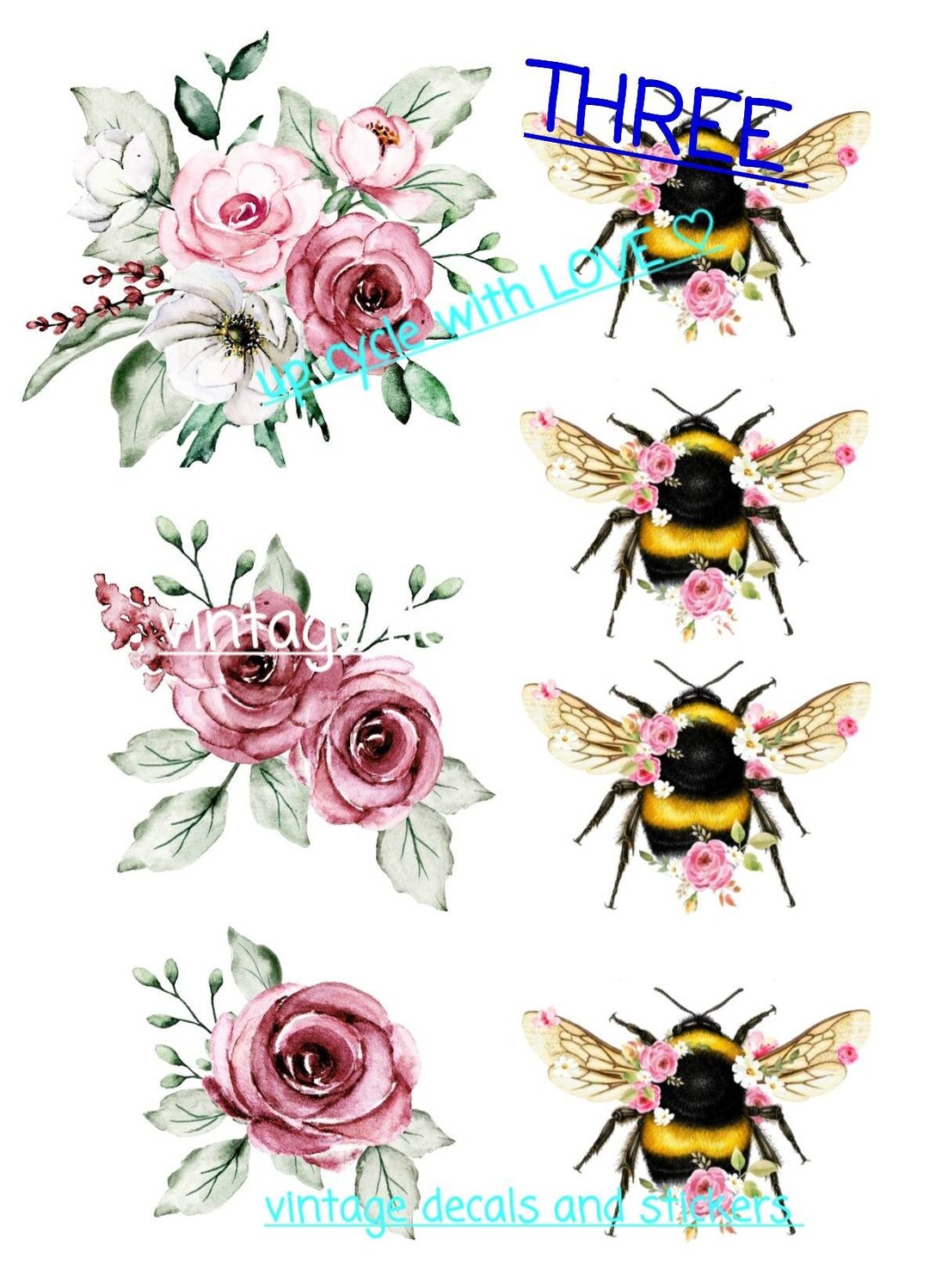 Wall / Furniture Decal Transfer Vintage Shabby Chic Pink Orange Flowers