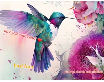 Furniture transfers waterslide viynl sticker rub on or art print.humming birds and flowers pink purple blues 4 designs various sizes