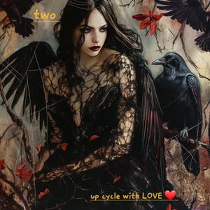 Könnte beinhalten: Eine Frau mit langen dunklen Haaren und einem schwarzen Spitzenkleid steht in einer Waldlandschaft. Sie hat einen schwarzen Raben auf ihrer Schulter sitzen. Der Text "two" ist in Gelb über ihrem Kopf geschrieben. Der Text "up cycle with LOVE" ist in Gelb am unteren Rand des Bildes mit einem roten Herzen geschrieben.
