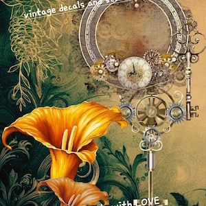 Décalcomanies pour meubles, 3 motifs disponibles. Frottez-la. glissade d'eau/autocollant en vinyle/impression d'art. Roses de lys vintage steam punk, papillons de différentes tailles