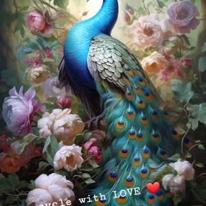Könnte beinhalten: Ein leuchtend blauer Pfau mit einem langen, schillernden Schwanzgefieder steht in einem üppigen Garten mit rosa und weißen Rosen. Der Text "up cycle with LOVE" ist auf dem Bild zu sehen.