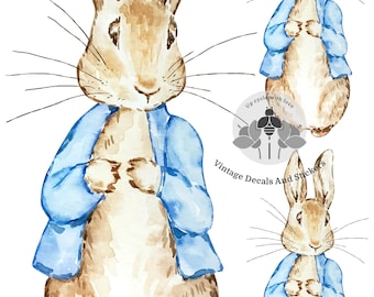 Muur- of meubelsticker transfer vintage peter konijn/flopsy bunnies bloemen meisje/jongen wrijven op vinyl sticker, glijbaan maat kiezen