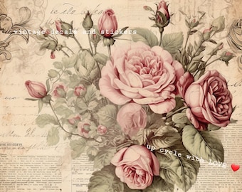 Transferencias de muebles frotables sobre vinilo adhesivo al agua, también impresiones artísticas, hermosa colección de 4 diseños de rosas rosas shabby chic en varios tamaños