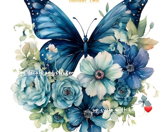 Furniture / craft transfers. 5 designs available.rub on . waterslide .vinyl sticker or art print . blue butterflies & flowers . various size