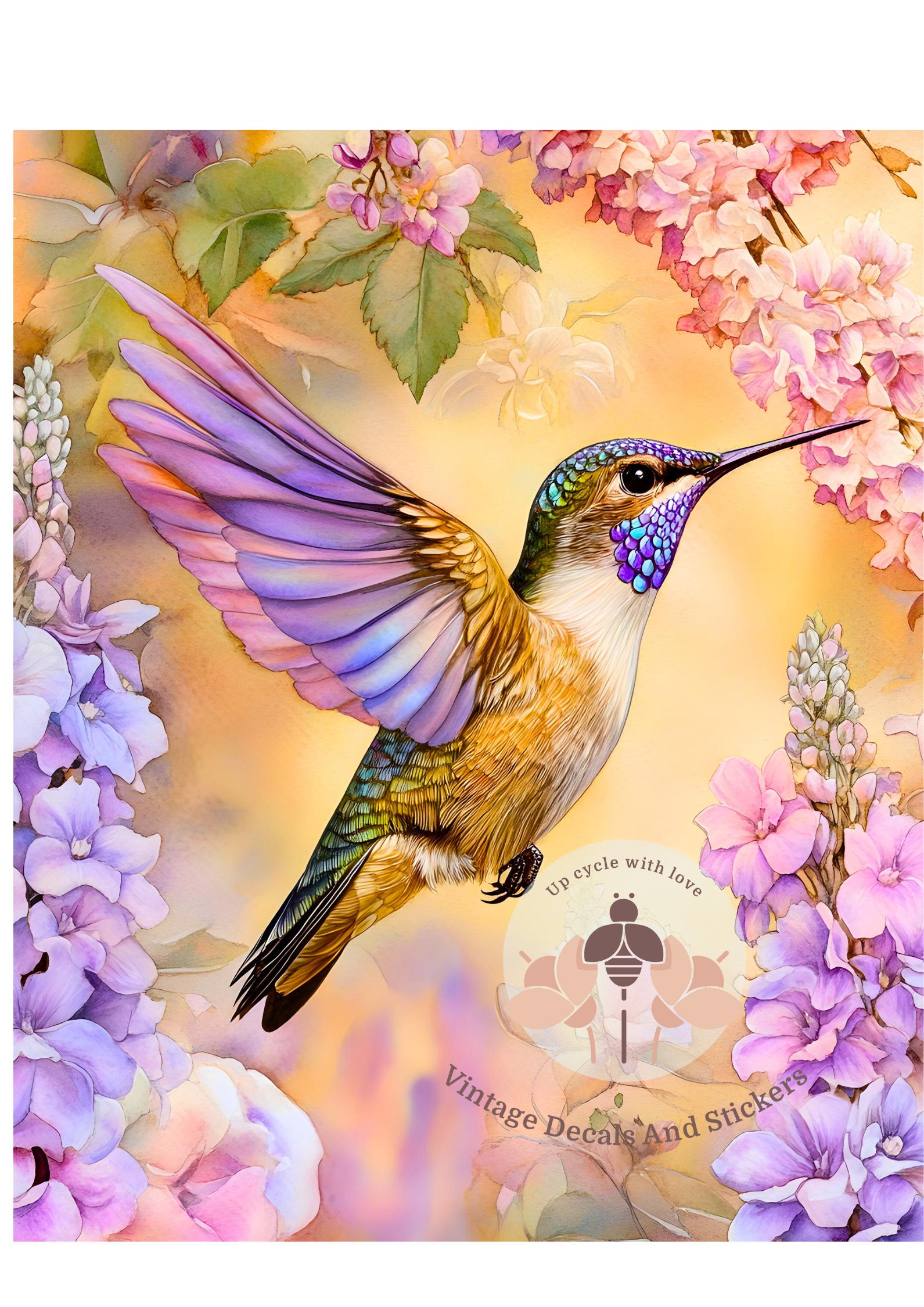 Furniture / craft transfers. dry rub on waterslide.vinyl sticker, art print.stunning vintage humming bird pink purple flowers various sizes