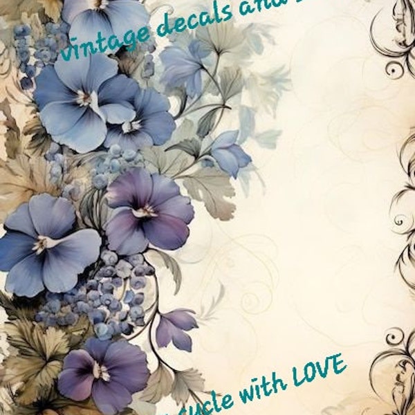 Furniture transfers rub on water slide sticker.art prints. Vintage blue purple pink flowers Shabby chic designs various sizes available