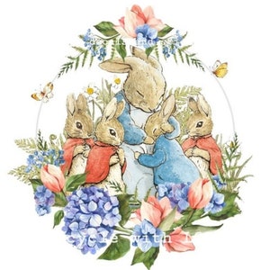 Furniture transfers peter rabbit dry rub on waterslide vinyl sticker or art print vintage peter rabbit flopsy bunnies pinks blues flowers