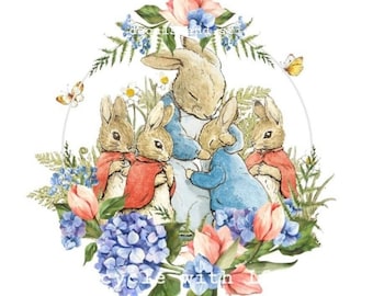 Furniture transfers peter rabbit dry rub on waterslide vinyl sticker or art print vintage peter rabbit flopsy bunnies pinks blues flowers
