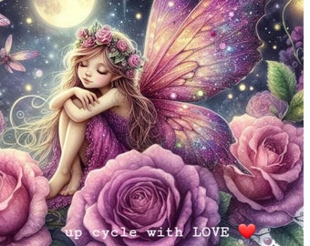 Può includere: Una fata con ali viola è seduta su un letto di rose viola. La fata indossa una corona di fiori e tiene le braccia intorno alle ginocchia. Lo sfondo è un cielo notturno stellato con la luna piena.