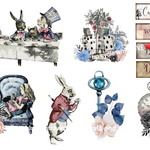 Furniture. craft  transfers. rub on, waterslide. sticker. vintage Alice in wonderland red Queen,mad hatter etc 5 designs. various sizes.