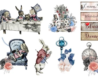 Meubels. ambachtelijke transfers. opwrijven, waterglijbaan. sticker. vintage Alice in Wonderland Red Queen, Mad Hatter etc. 5 ontwerpen. verschillende maten.