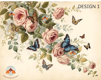 Furniture, craft transfers .vintage shabby chic butterflies 5 designs ,available in rub on ,waterslide,sticker .various sizes.pinks .blues