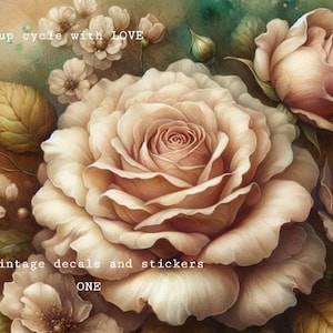 Op de afbeelding: Een aquarel-achtige afbeelding met grote, crèmekleurige rozen en kleinere witte bloemen. De afbeelding heeft een vintage esthetiek, met tekst die luidt "up cycle with LOVE" en "vintage decals and stickers ONE". Het kleurenpalet is zacht en gedempt.
