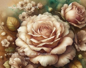 May include: A watercolor-style image featuring large, creamy-colored roses and smaller white flowers. The image has a vintage aesthetic, with text that reads "up cycle with LOVE" and "vintage decals and stickers ONE". The overall color palette is soft and muted.