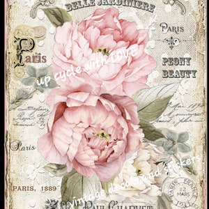 Peut inclure: Impression florale vintage avec une pivoine rose et des fleurs blanches. L'impression présente le texte "Belle Jardiniere", "Paris", "Peony Beauty", "SIC PAUL CHARVET", et "Rue des Fabriques".