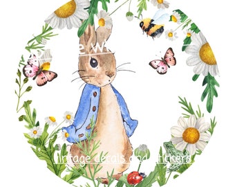 Wall or furniture Decal transfer vintage peter rabbit / flopsy bunnies flowers girl / boy rub on .vinyl sticker, waterslide choose size