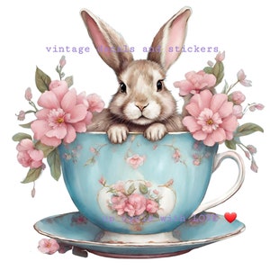 Möbel Transfers reiben auf Wasserschiebefolie Vinyl Aufkleber, Kunstdruck. vintage Teetasse pink & orange flowers.puppy bunny.kitten.french Bull dog