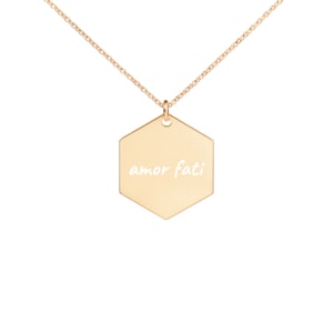 AMOR FATI  &quot;Love of Fate&quot; Philosophy Concept Engraved Silver Hexagon Necklace