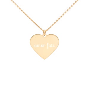 AMOR FATI  &quot;Love of Fate&quot; Philosophy Concept Engraved Silver Heart Necklace