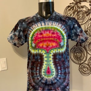 Adult Medium Electric Mushroom Tie Dye V-Neck T-Shirt With Spine Details