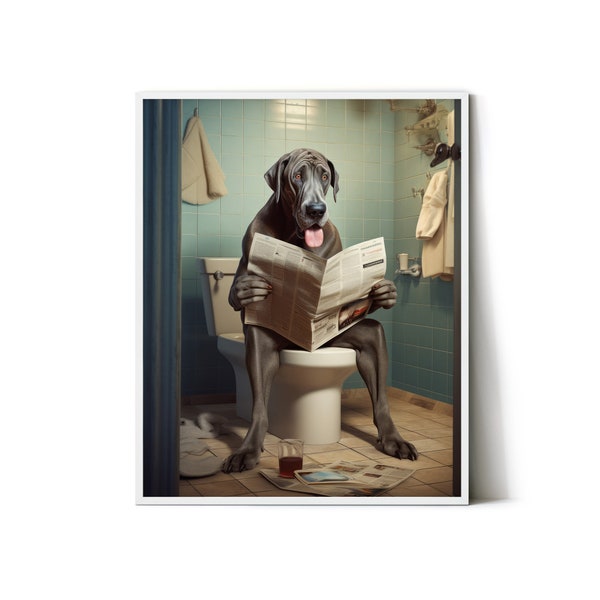 Great Dane Dog Sitting on the Toilet Reading a Newspaper, Funny Bathroom Printable Wall Art, Cheeky  Animal Print, AI Art - ANH00011