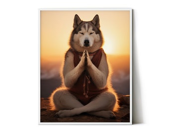 Siberian Husky in Meditation Pose, Animals doing Yoga, Funny Animals Printable Wall Art, Cheeky  Animal Print, AI Digital Art - ANH00022