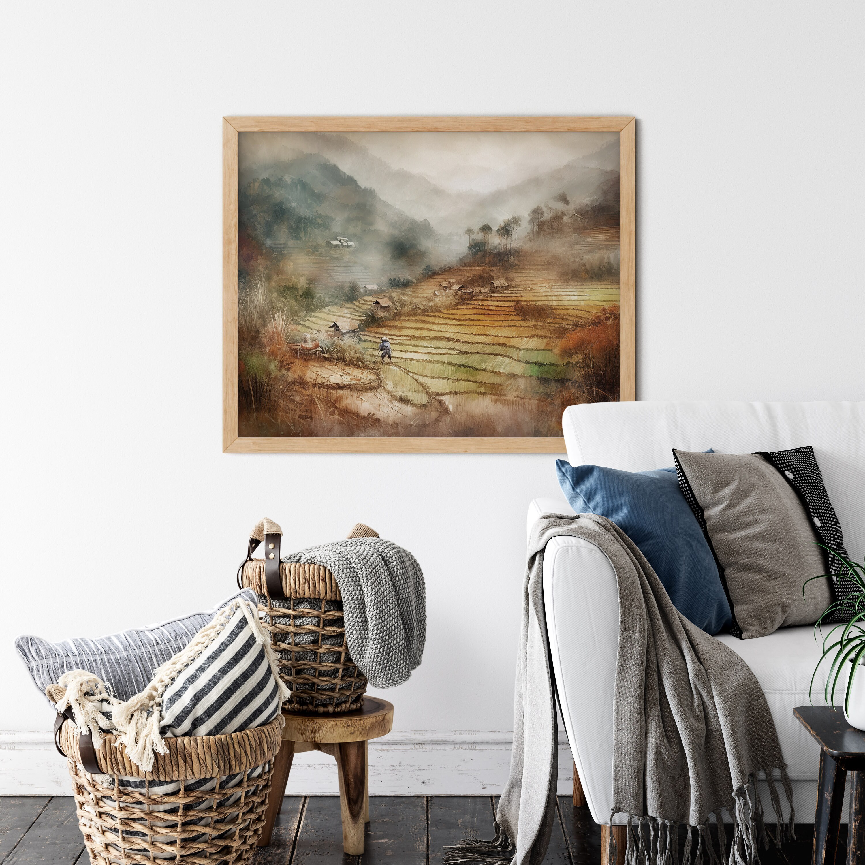 Vintage Rice Terraces, Impressionistic Painting, Rice Paddy, Rustic