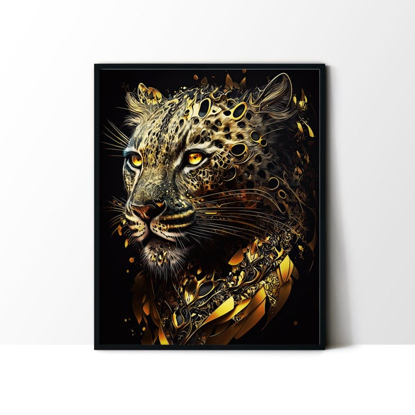 Golden Leopard Ai Art Pint | Black and Gold Leopard, Puma, Panther, Jaguar Printable | Psychedelic Wall Decor | Black and Gold Wall Art