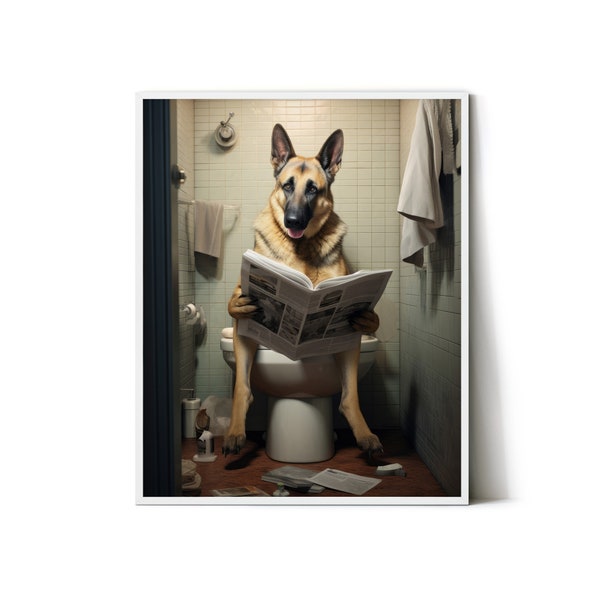 German Shepherd Sitting on the Toilet Reading a Newspaper, Funny Bathroom Printable Wall Art, Cheeky  Animal Print, AI Art - ANH00007