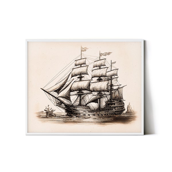 vintage Pirate Ship Art Print | Art de croquis de navire Buccaneer | Affiche de bateau pirate | décoration murale nautique vintage | Art mural navire galion