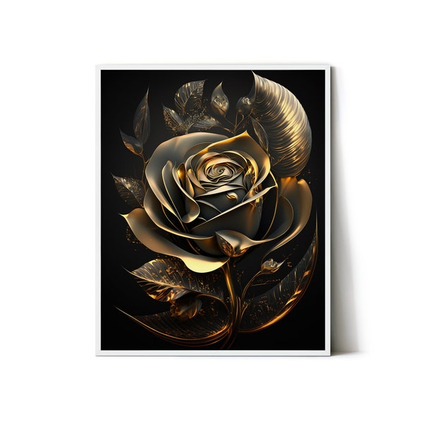 Golden Rose Print | Metallic Gold Rose  Printable Art | Elegant Foliage Wall Decor | Black and Gold Stylish Flowers Wall Art - B&G00015