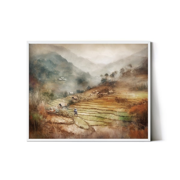 Vintage Rice Terraces, Impressionistic Painting, Rice Paddy, Rustic Wall Art, Muted Colors, Country Inspired Wall Art - VTG00029