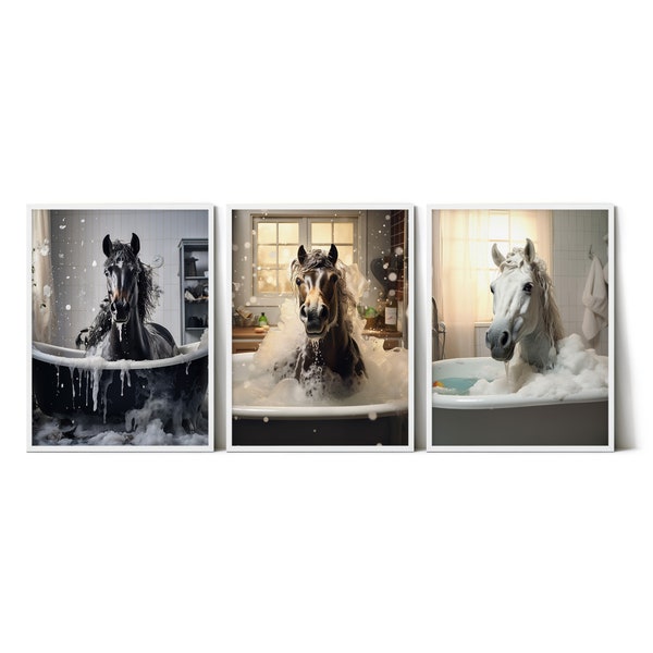 Cheval sur la baignoire Wall Art Set de 3, décoration murale imprimable de salle de bain lunatique, impression d’humour animal, AI Art, téléchargement immédiat - ANHSET300001