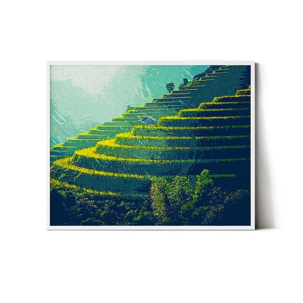 Rice Terraces  Painting | Rice Paddy Impressionism Art | Digital Impressionist Printable Art | Van Gogh Style Printable | Rice Field Print