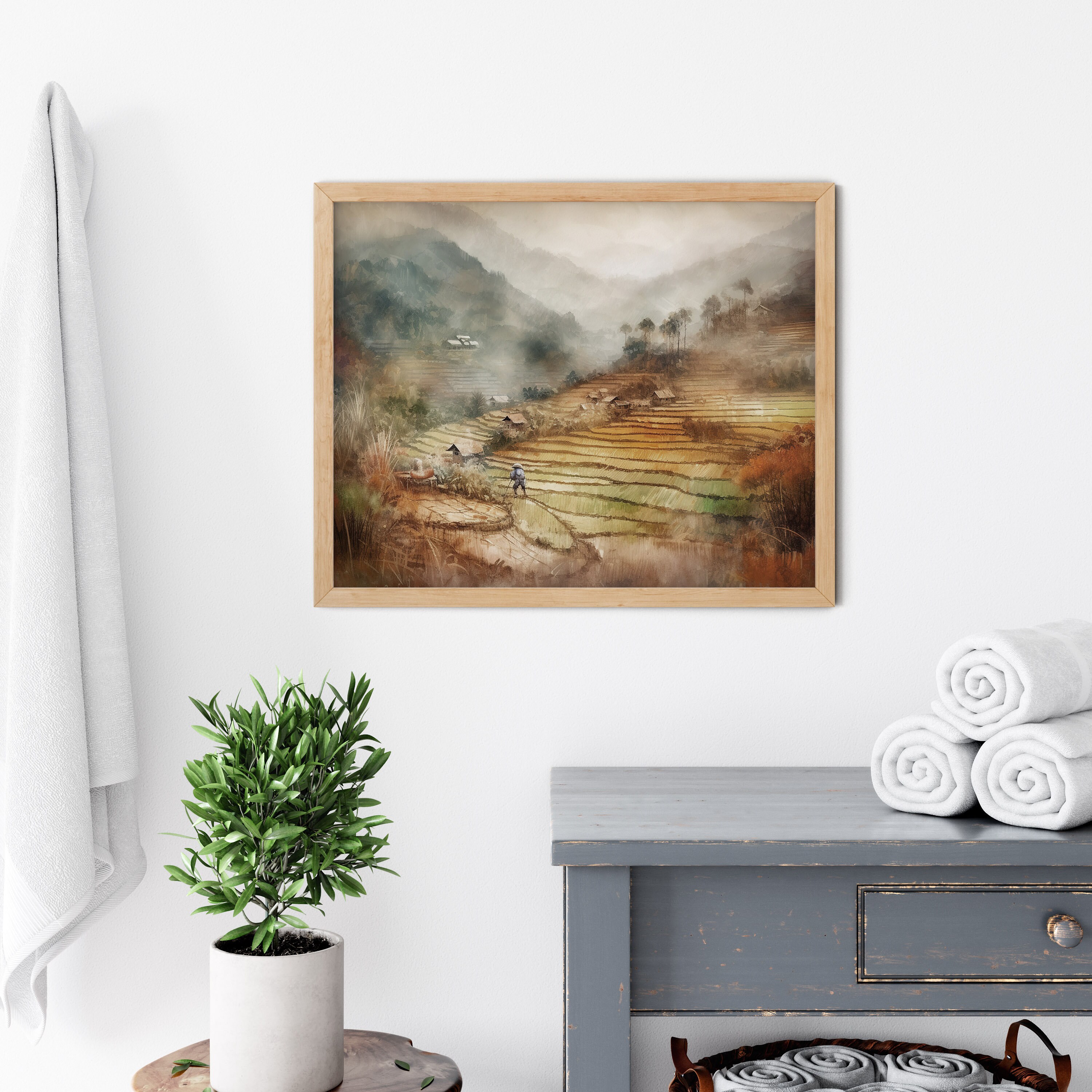 Vintage Rice Terraces, Impressionistic Painting, Rice Paddy, Rustic