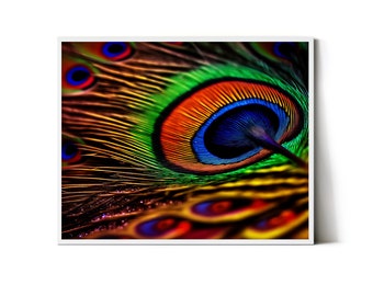 Peacock Feather Printable Wall Art : Vibrant Bird Feather Macro Photography, Exotic Wall Decor - Instant Digital Download - MCR000003