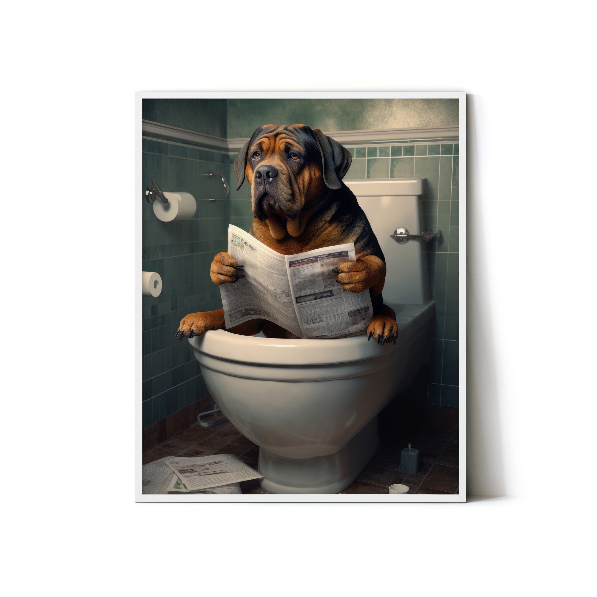 Rottweiler Dog Sitting on the Toilet Reading a Newspaper, Funny