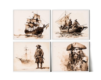 Pirate Ship Set of 4 Printable Wall Art | Buccaneer Vessel  Art Printable | Pirate Ship Poster | Vintage Nautical Wall Decor - SET00018