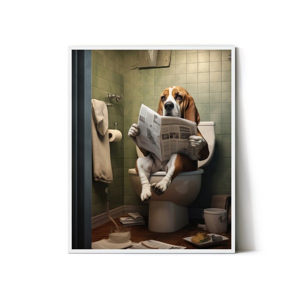 Chien Beagle assis sur les toilettes en lisant un journal, art mural imprimable drôle de salle de bain, imprimé animal effronté, art numérique AI - ANH00002