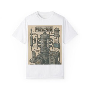 May include: White t-shirt with a graphic of a detailed illustration of a time machine with the text "Quantum Accelerated Time Machine" and labeled parts.
