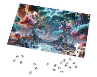 May include: A colorful jigsaw puzzle with a fantasy scene of glowing trees and a city in the background. The puzzle is partially assembled, with some pieces missing.