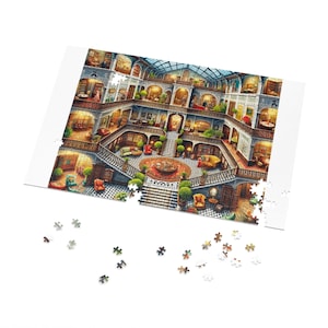May include: A completed jigsaw puzzle depicting a multi-level building with a central courtyard. The building has a glass roof and is decorated with plants and furniture. The puzzle pieces are scattered around the completed puzzle.