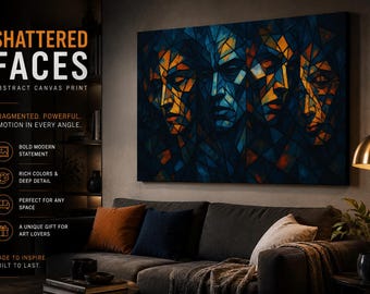 Shattered Faces Abstract Canvas Print, Moody Geometric Portrait Wall Art, Dark Blue Orange Decor