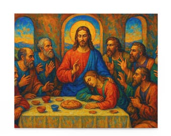 Puede incluir: Una pintura que representa la Última Cena, con Jesucristo en el centro de la mesa, rodeado de sus discípulos. La pintura está realizada en un estilo realista con colores vibrantes, incluyendo tonos de rojo, azul, amarillo y verde.